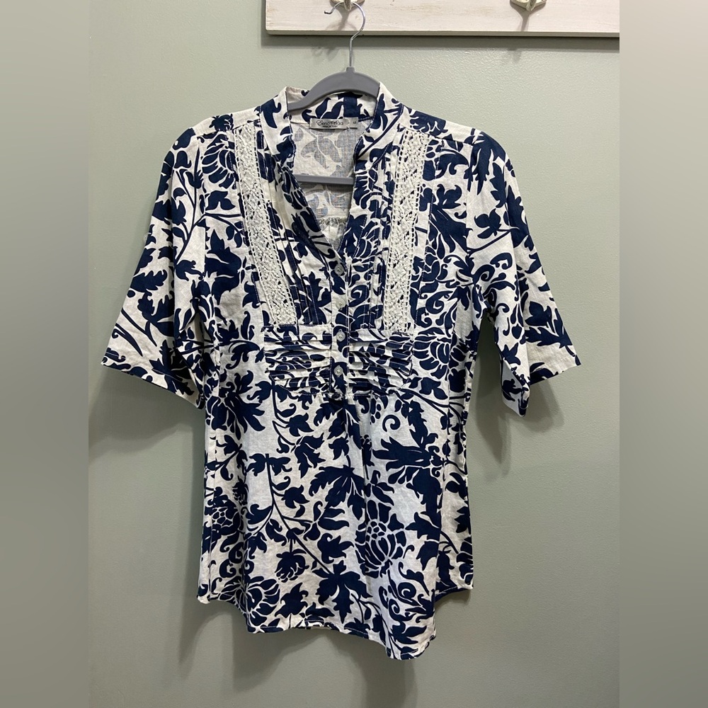 Elena Baldi Women’s Blue White Linen Blouse Size Small
